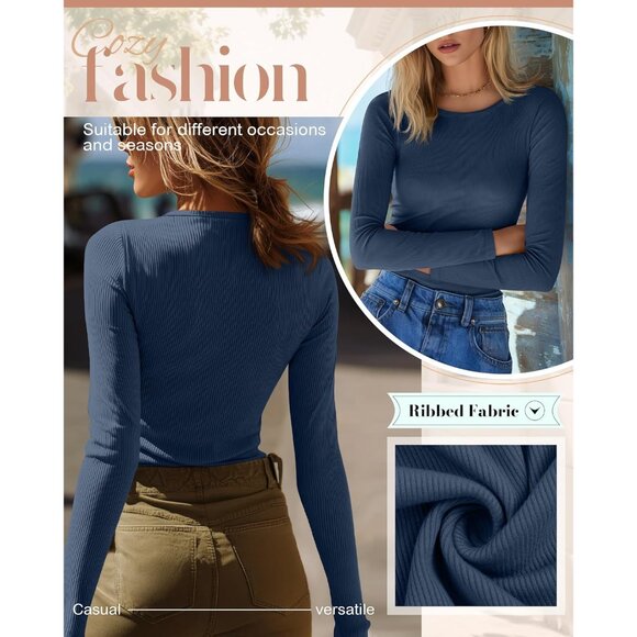 Women's Cotton Long Sleeve Shirts 3 Pack Crew Neck Slim Fit Casual Tops - Picture 4 of 6